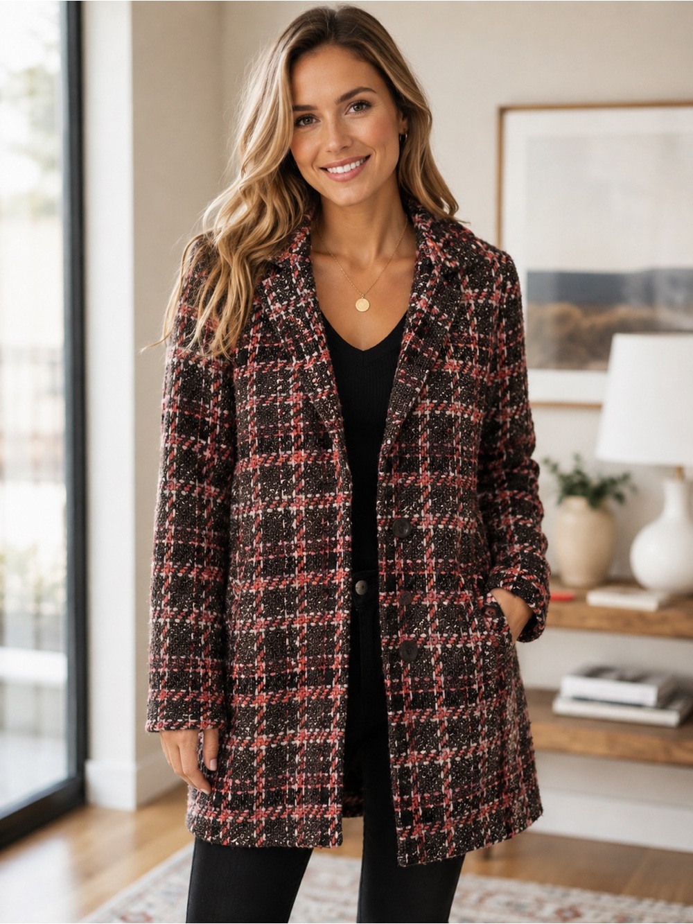 INC International Concepts Red Pink Tweed Plaid Boucle Coat Wool Blend Size M